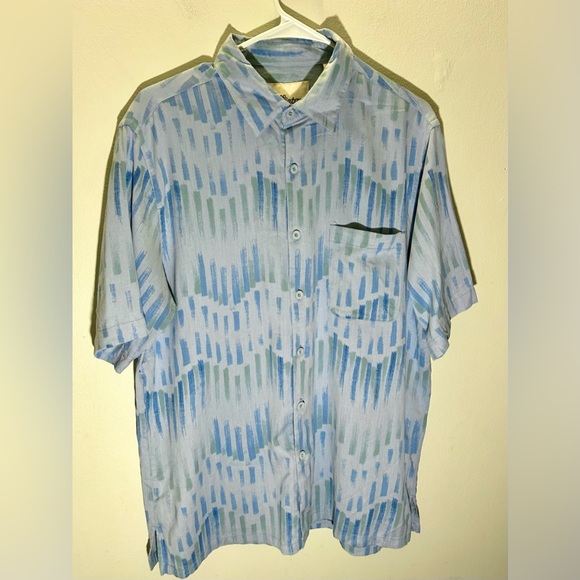 Vintage Silk Button Up 100% Silk Men’s Large Short Sleeve Retro Blue Green - Picture 1 of 4